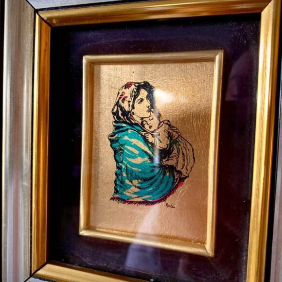 Vintage "Her Embrace" mini painting on gold leaf - relief art - Picture 2 of 4